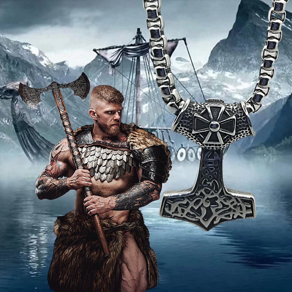 Stainless Steel Big Pendants, Thor's Hammer with Cross, Antique Silver Necklace